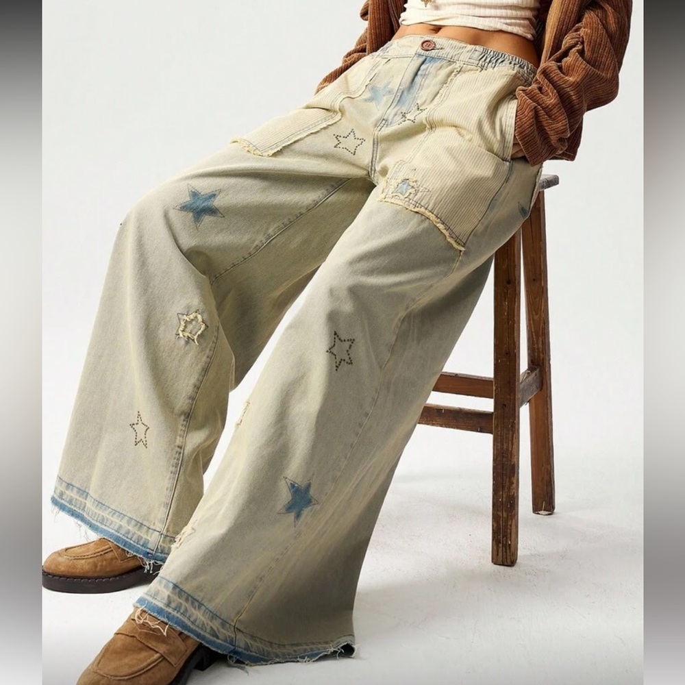 Star patchwork distressed Pattern Wide-Leg Jeans mini stud blue - Picture 2 of 7